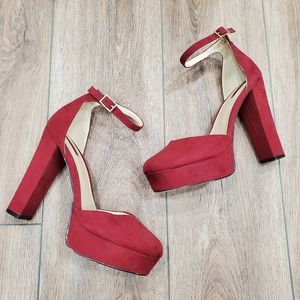 Brick red ankle strap suede platform pumps